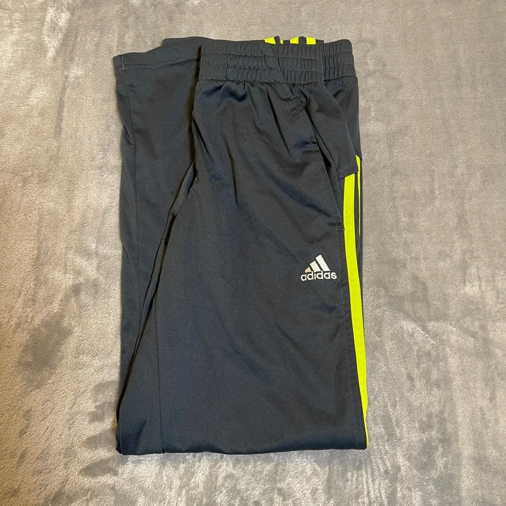 Kids Adidas Athletic Track Pants Gray Neon Yellow‎ Stripes Joggers Size M